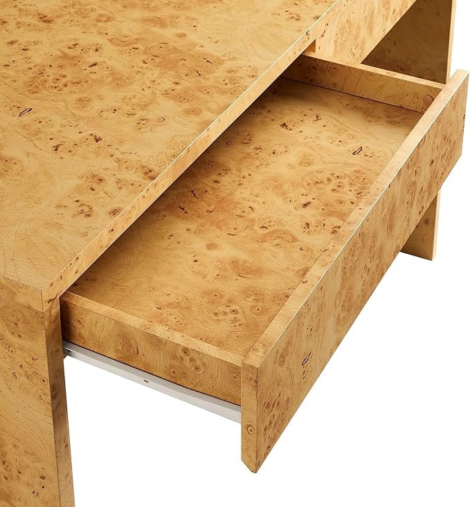 Modway Hudson Burl Wood Desk with Drawers in Natural - Modern Writing Desk - Narrow Home Office Desk - Vanity Table Without Mirror