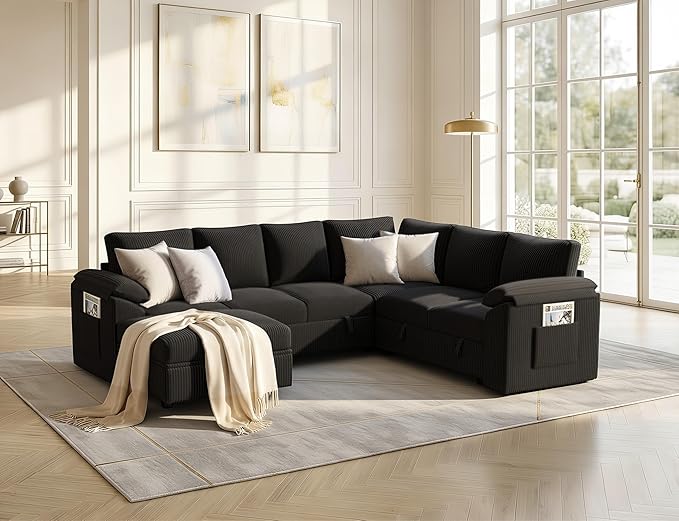 108 Inch Sectional Sleeper Sofa Bed with Pull Out Couch U Shaped 7 Seat Cloud Modular Sectional Sofa with Storage Corduroy Sectional Couches for Living Room Removable Sofa Cover Black