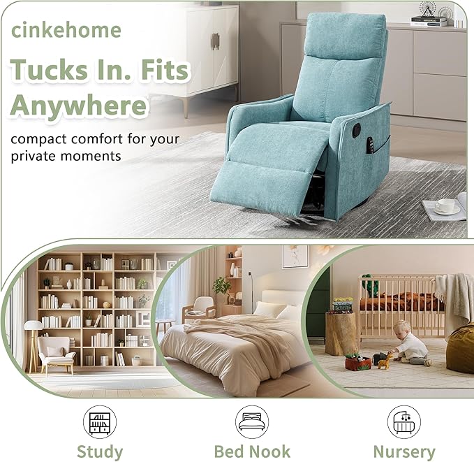 cinkehome Swivel Rocker Recliner Glider Rocker Recliner Chair for Nursery Manual Reclining Chair with Heated Massage Small Spaces Living Room Linen Light Blue