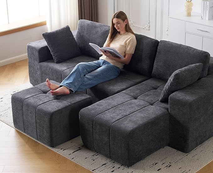 Square Stuffed Pouf OttomanChenille Poufs with Foam Chunk Filling27.9 X 16.1 Floor Poufs for SofaAccent Foot Rest Stool for Living RoomBedroomGrey
