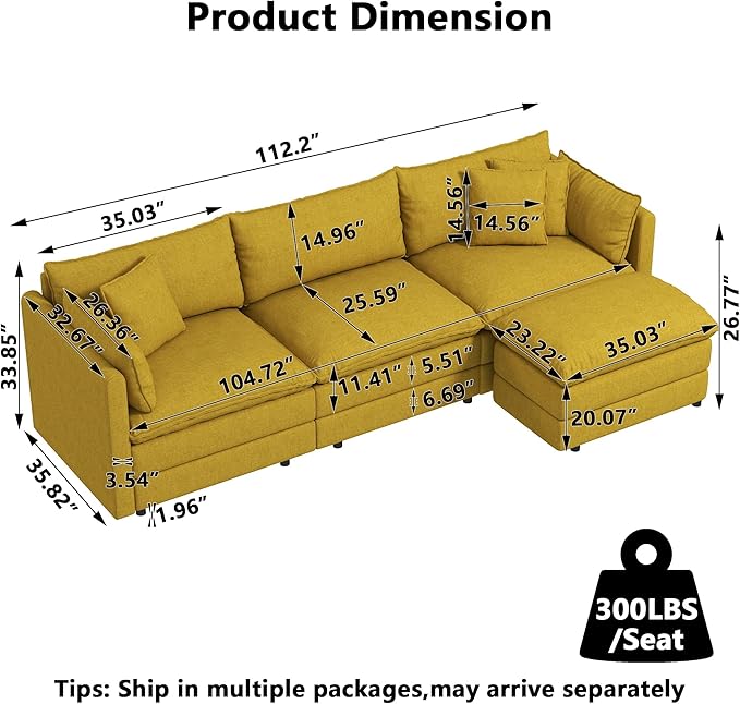 Aoowow Modular Sectional Sofa Modern Convertible L Shaped Couch111.5 Inch Deep 3-Seater Sofas Set Comfy Chenille Cloud Sofas and Couches with Movable Ottoman for Living Room Apartment（Yellow）