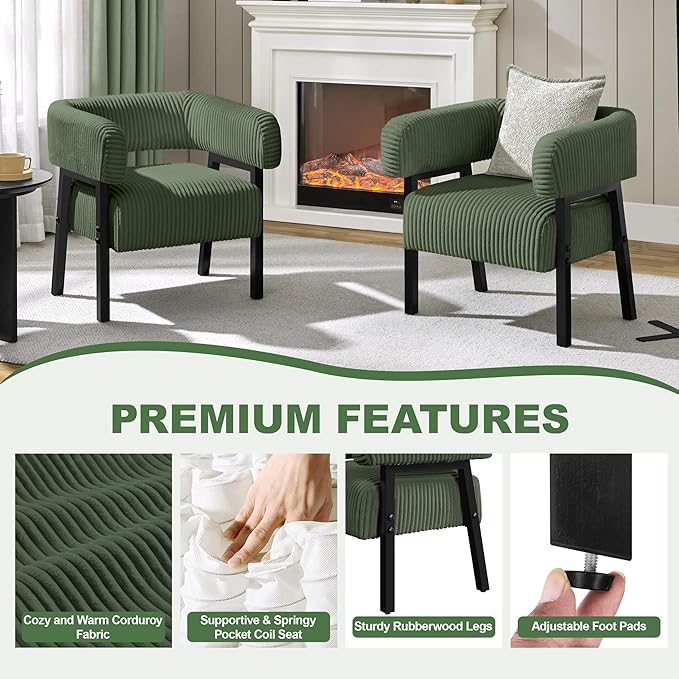 Yaheetech Corduroy Barrel Accent Chair Set of 2 Modern Upholstered Armchair with Solid Wood Legs Cozy Leisure Chair with Pocket Coiled Seat for Living Room Bedroom Reading Nook Dark Green