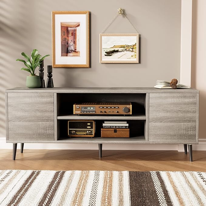JUMMICO TV Stand for 65 Inch TV Mid Century Modern TV Stand Entertainment Center with Storage Cabinet and Open Shelves TV Console Table Media Cabinet for Living Room and Bedroom (Gray)