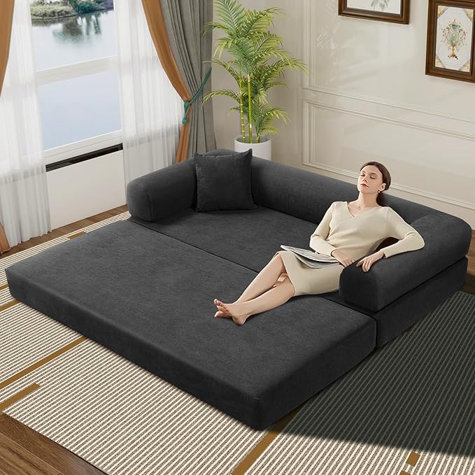 KBQ 3-Seat Convertible Sleeper Sofa Bed with 2 Pillows Corduroy Folding Mattress Couch Floor Sofa Lounge Couch for Living Room Bedroom Lounge Studio Deep Gray