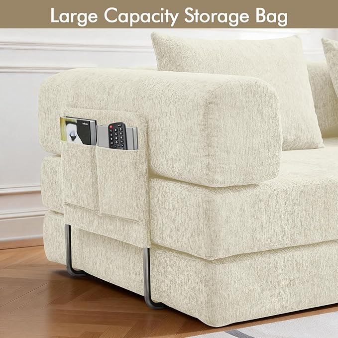 81 Convertible Sofa Bed with Storage Pockets 5-in-1 High Density Foam Boneless Couch Corduroy Folding Futon Sleeper Sofa for Living Room Bedroom Apartment No Assembly Required Beige