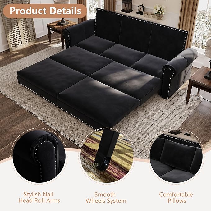 93.7 King Pull Out Sofa Bed 3 in 1 Convertible Sleeper Sofa 3 Seat Couch with Nailhead Trim &amp Rolled Arm for Living Room Apartment Office Black Velvet