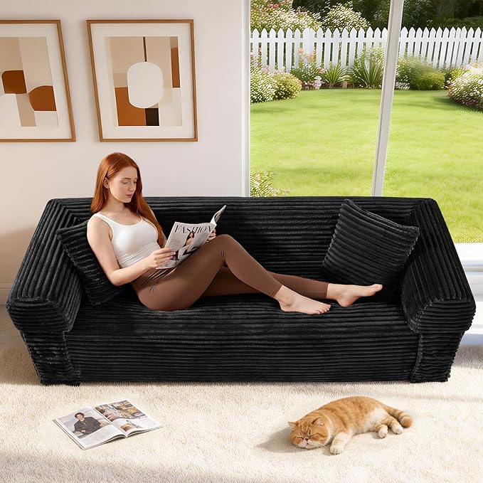 83 inch Cloud Boneless Couch for Living Room 3-Seater Sofa with Fixed-Shape Frame Single Sleeper Corduroy Sofa in A Box No Assembly Required Black