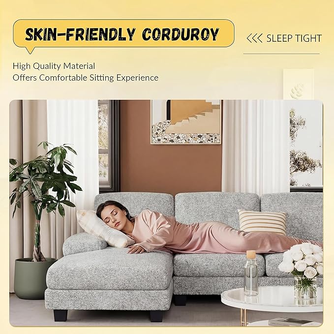 JUMMICO Sectional Couches for Living Room U Shaped Couch with Chenille Fabric 4 Seat Modern Sofa with Removable Pillows for Apartment and Small Space (Loop Yarn Pearl Gray)