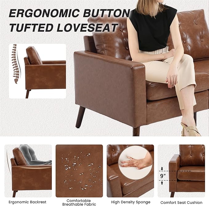HNY Mid Century Modern 53” Loveseat Sofa Comfy Upholstered Button Tufted Faux Leather 2 Seater Small Sofa Couch Lounge Sleeper Love Seats for Small Spaces Living Room Apartment Bedroom Brown