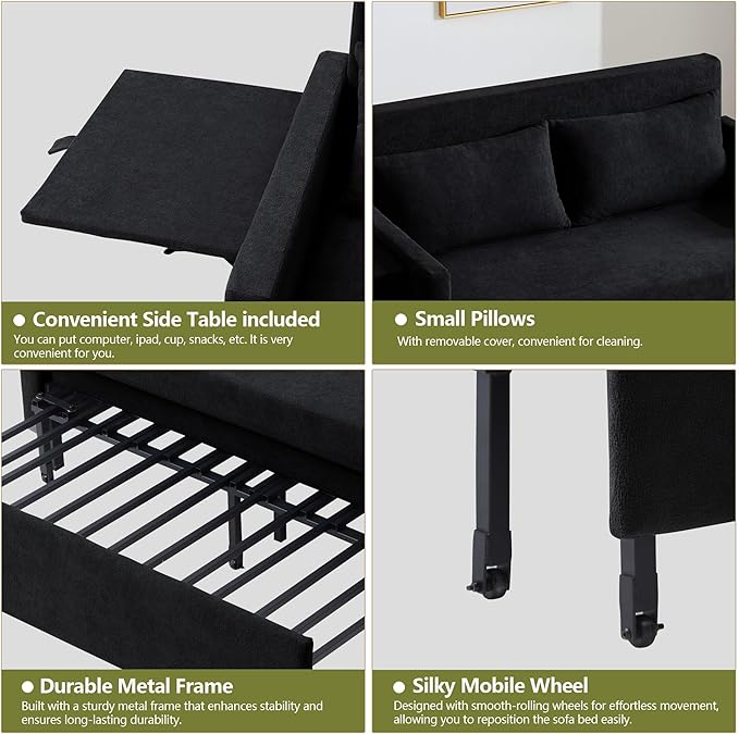 51'' Small Pull Out Sofa Bed 3-in-1 Convertible Sleeper Couch Bed Chenille Futon Sleeper Sofa with Side Table and 2 Pillows Modern Loveseat Couch for Living Room Bedroom Home Office (Black)