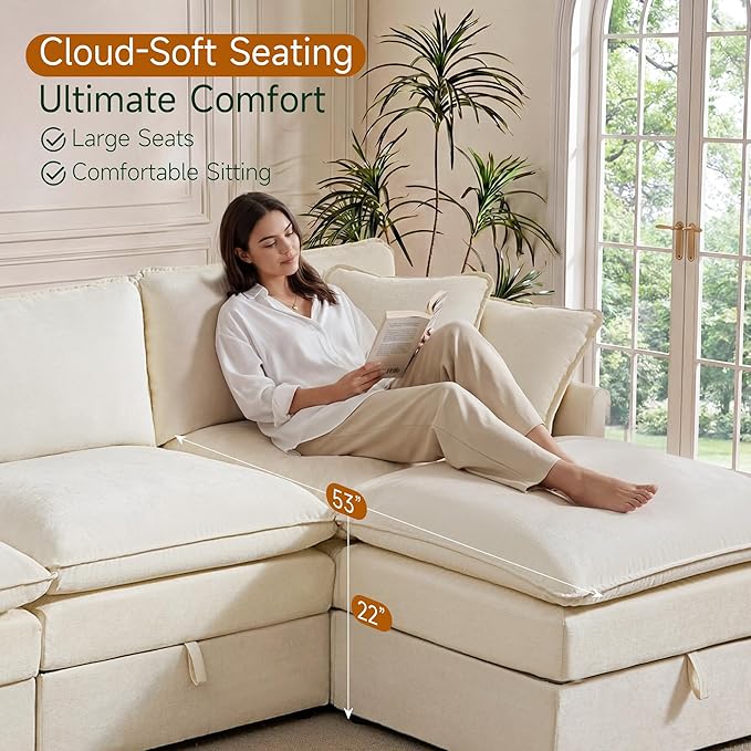Modular Sofa with Storage 103 U-Shape Sectional Cloud Couch Deep Seat Comfy Fabric Couch for Living Room (Beige Chenille) | Convertible Storage Deep Seat Design Sturdy Wood Frame Effortless Asse