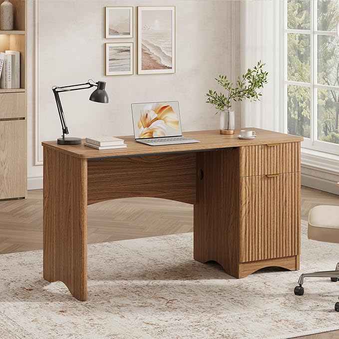 Bestier Computer Desk with Drawer 47 inch Office Desk with Storage Cabinet Modern Wood Desk Adjustable Shelves for Home Office &amp Studio Brown Oak