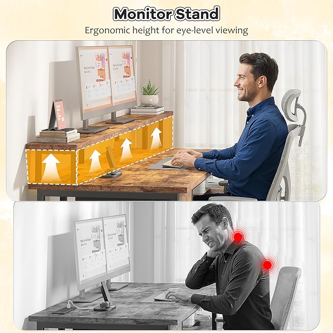 55 Inch Computer Desk with DrawerOffice Desk with Printer Storage Shelves &amp File CabinetGaming Desk with LED &amp Power OutletStudy Table with Monitor Shelf for Home Office Dorm BedRoom Rustic