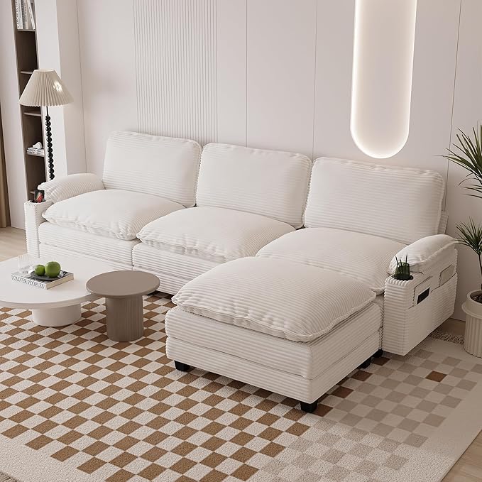 113 Modular Sectional Sofa L Shaped Cloud Couch with Movable Ottoman Comfy Corduroy Deep Seat Sofa with Cup Holders Storage Bags Couches for Living Room
