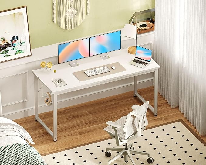 Casaottima 54 Inches Small Computer Desk Work Study Table for Home Office Kids Student Writing Desk with Headphone Hooks White