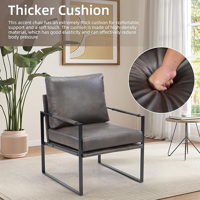 INZOY Mid Century Modern Accent Chair with Removable Cushions Set of 4 Comfy PU Leather Living Room Chairs with Thicker Backrest and Cushion Metal Frame Design Dark Grey