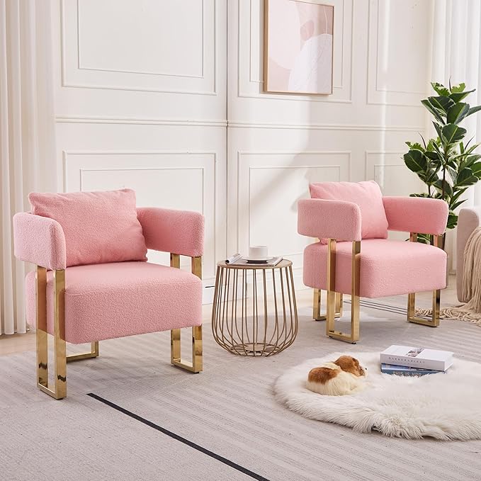 YITAI Modern Accent Chairs no Wheels Living Room Side Chairs Set of 2 with Golden Metal Legs Barrel Soft Teddyt Upholstered Reading Armchairs for OfficeStudyReception RoomBedroomLoungePink