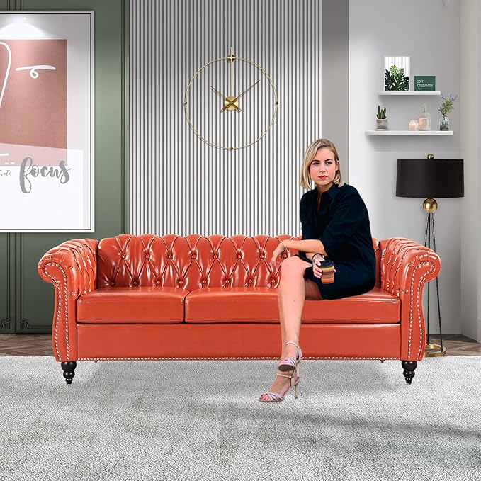 Chesterfield Sofa Orange Faux Leather Sofas for Living Room 84 Rolled Arm 3-Seater Couch Deep Button Nailhead Upholstered Couches High-End Furniture Easy to Assemble