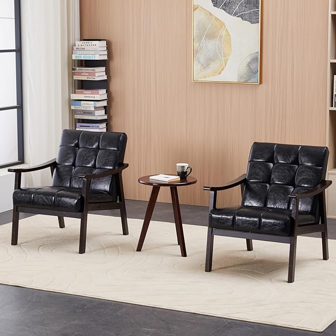 Furniliving Upholstered PU Leather Accent Chair Living Room Tufted Arm Chair with Solid Wood Frame Wingback Lounge Armchairs for Bedroom Reading Room Indoor &amp Outdoor Retro Black