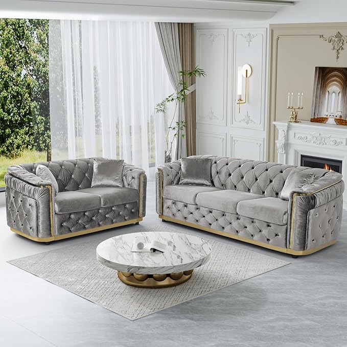 Luxury Velvet Chesterfield Sofa 62.6 Grey and Gold Sofa Mid Century Modern Loveseat Couch for Living Room Tufted Sofas with Gold Legs Rolled Arms Grey