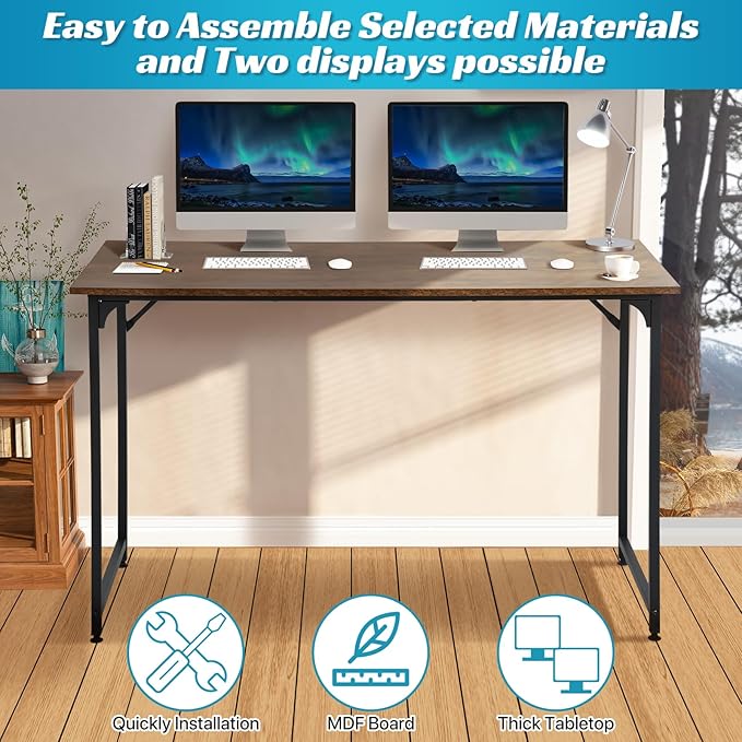 48 Inch Computer Desk Set of 2 Office Desk with Metal Frame Home Office Desk Modern Simple Style for Small Space Home Office Living Room Bedroom Brown
