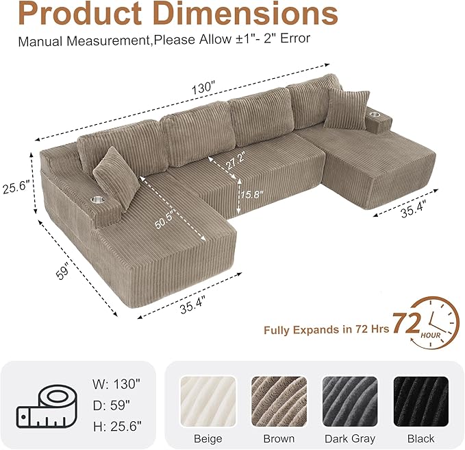 130'' U Shaped Cloud Sectional Couch Modular Boneless Couch for Living Room Corduroy Fabric Cloud Sofa with Supported Pillows and 2 Cup Holders No Assembly Brown