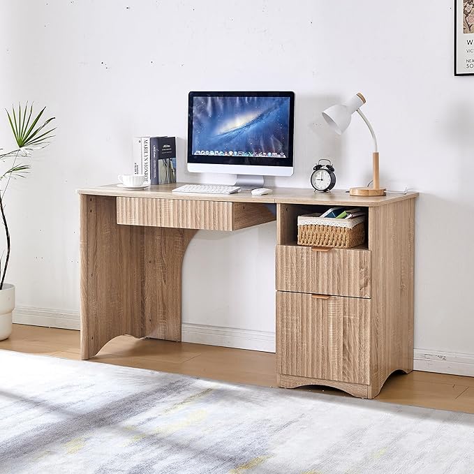 55 Modern Computer Desk with Keyboard Tray Built-in Power Outlets Fluted Design 2-in-1 Main Drawer &amp Adjustable File Drawer Office Desk for Home Workspace (Light Oak)