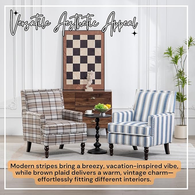 Coastal Style Stripe Accent Chair Mid-Century Upholstered Armchair Single Sofa with Nailhead Trim Wood Legs for Living Room Patio Blue Stripes.