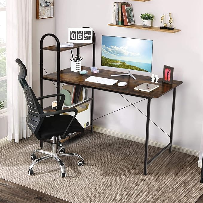 Tangkula 48-Inch Reversible Computer Desk with Storage Shelves Home Office Study Writing Desk with Bookshelves Writing Computer Workstation Home Office Desk (Rustic Brown)