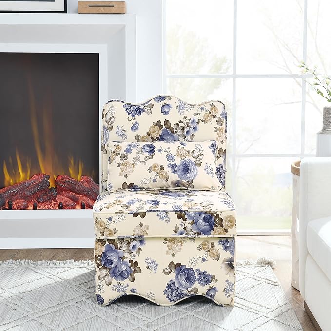 TTK Flannel Upholstered Accent Chair - Retro Single Sofa Chair with Floral Pattern Armless Lounge Chair with Removable Cushion &amp Pillow Comfortable Dining Chair for Living Room (Blue)