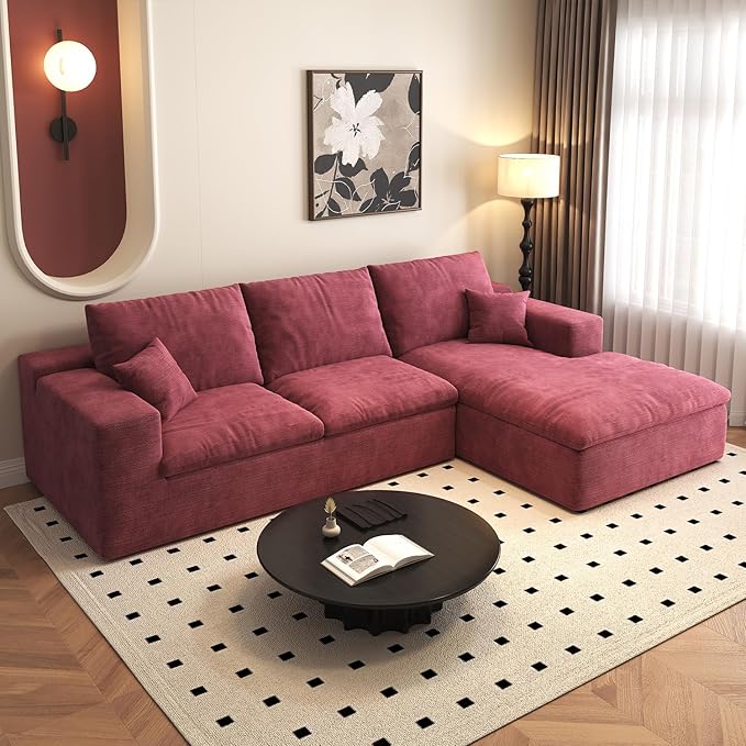 107'' L-Shaped Modern Modular Sectional Cloud Couch 4-Seat Chenille Deep-Seat Sofa with Pillow for Living Room Bedroom Apartment Wine Red