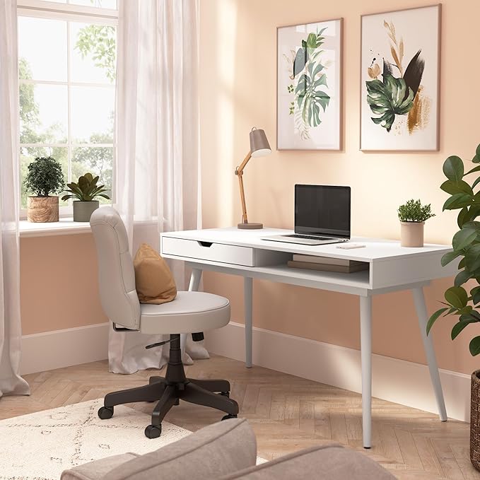 Bush Home Nora 54W Writing Desk with Storage in Pure White | Large Wooden Computer Table for Home Office Study Room or Entryway