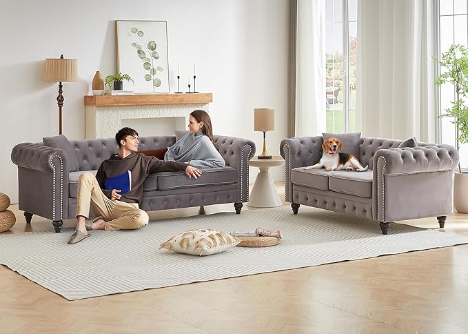 2 Piece Living Room Sofa Set Velvet Button Tufted Couch and Loveseat Set with Nailhead Trim&ampRoll Armrests Mid Century Modern Chesterfield Sofa for Living Room Office(Loveseat+3 Seater Light Gr