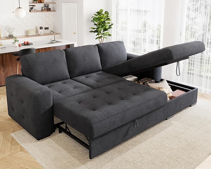 VanAcc 96 Sleeper Sofa Sofa Bed Couch with Storage Chaise Sleeper Couch with Pull Out Bed for Living Room(Grey)
