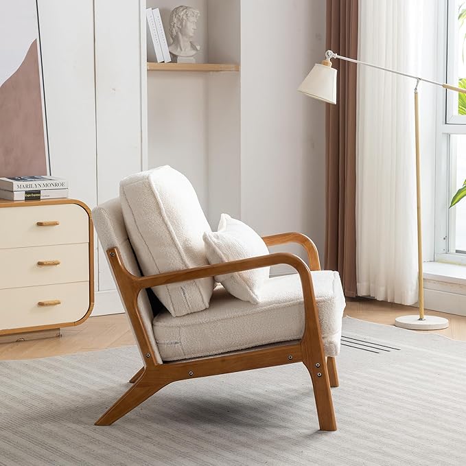 Mid-Century Modern Accent Chair Lounge Reading Armchair with Comfy Cushion &amp Lumbar Pillow &amp Solid Wood Frame for Living RoomBedroomGuest RoomSherpa FabricCreamWhite