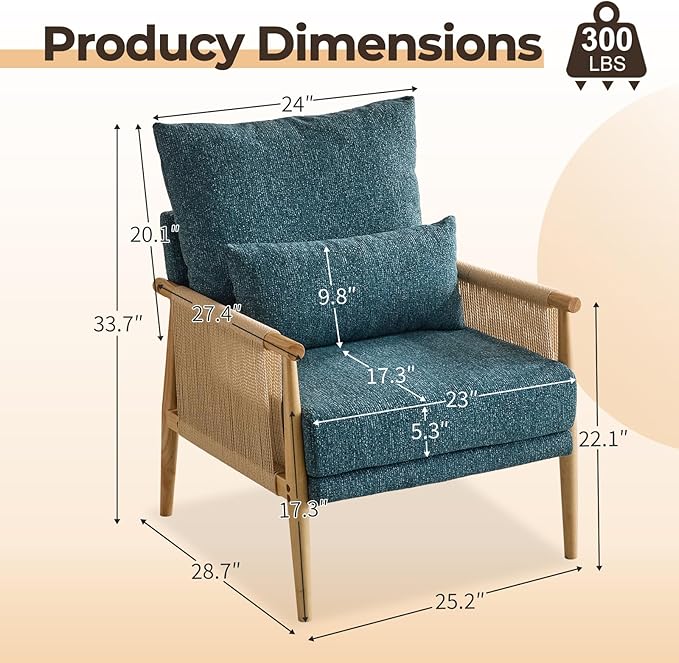 Karl home Cozy Chenille Accent Chair with Lumbar Pillow &amp Rattan Arms Modern Lounge Chair for Living Room Bedroom Reading Nook Blue &amp Green