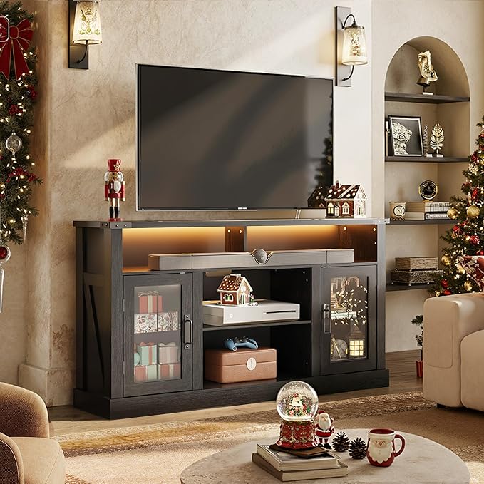 WLIVE Farmhouse TV Stand for 65 Inch TV Tall Entertainment Center with LED Lights &amp Storage Cabinets TV Media Console Table with Adjustable Shelf for Living Room Bedroom Home Theater Black