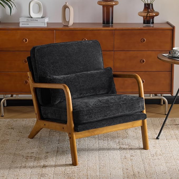 Karl home Mid Century Modern Accent Chair with Lumbar Pillow &amp Oak Arms – Plush Chenille Living Room Chair for Bedroom Lounge (Black)