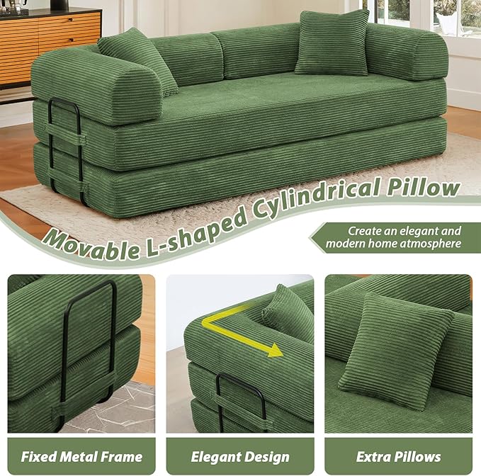 78 Convertible Sleeper Sofa Bed with Cylindrical Pillow Corduroy Folding Mattress Couch with Fixed Frame Floor Sofa Lounge Couch for Living Room Bedroom Apartment Army Green