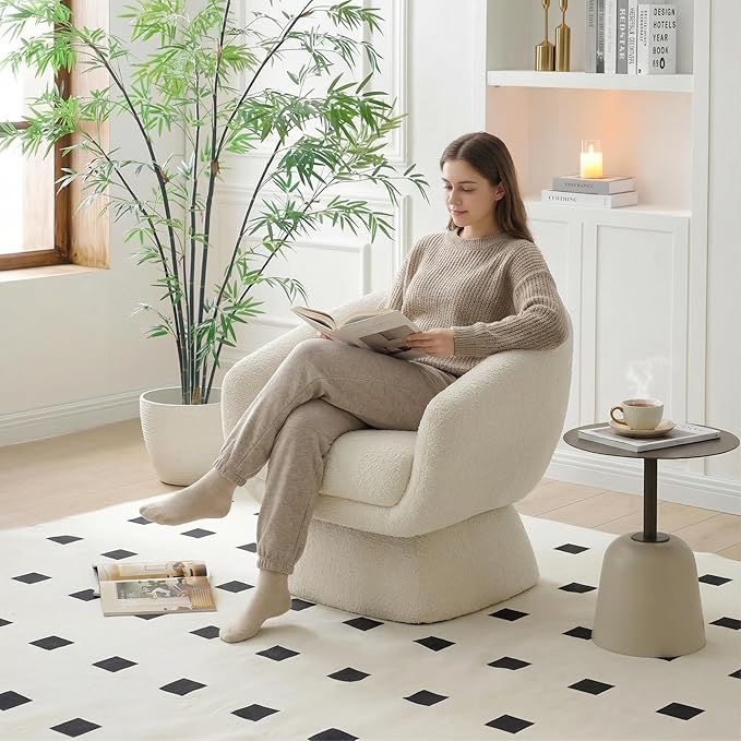 Modern Swivel Single Sofa Accent Chair with Extra-Wide Seat Comfy Boucle Barrel Chair with Thick Cushion &amp Upgraded Larger Square Base 360° Round Swivel Vanity Chair for Bedroom Living Room