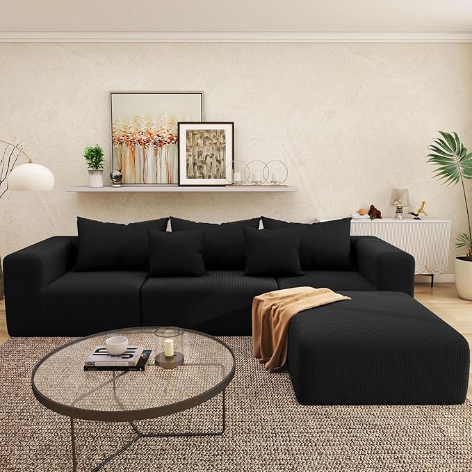 Cloud Modular Sectional Sofa for Living Room L Shaped Sectional Couch with Deep Seat Corduroy Boneless Couch with Ottoman 3-Seater Sleep Bed Black