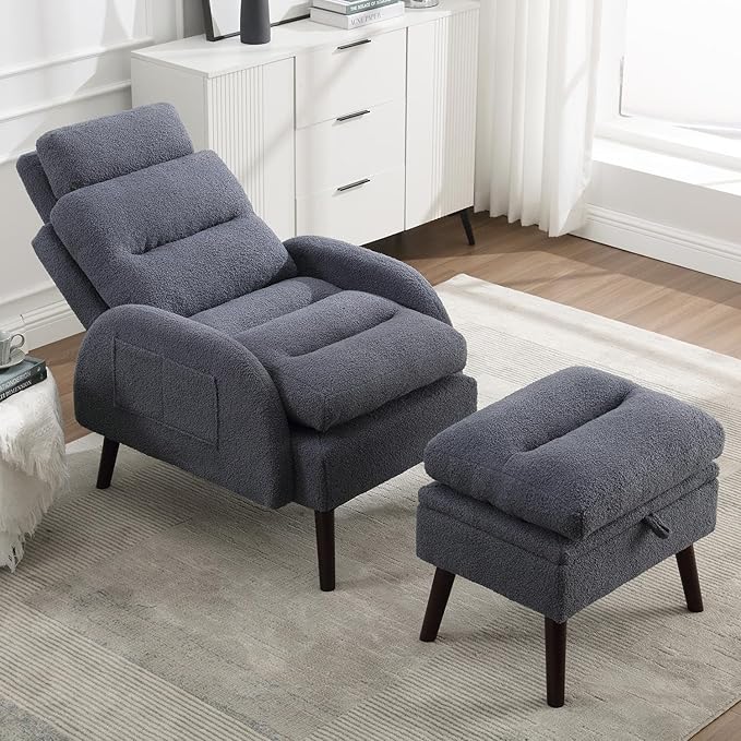 Accent Chair with Ottoman Comfy Reading Chair with Ottoman Set Modern Oversized Velvet Lounge Armchair with Adjustable Backrest for Living Room Bedroom (Teddy Blue Grey)