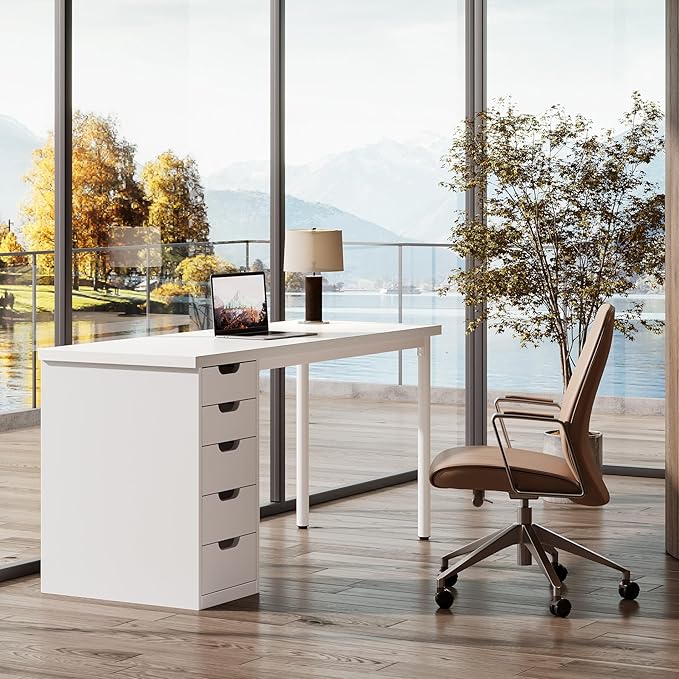 Tribesigns Modern Simple Computer Desk 47 Inches PC Desk with 5 Reversible Drawers Rustic Brown Study Writing Table Workstation for Home Office Small Spaces (All White)