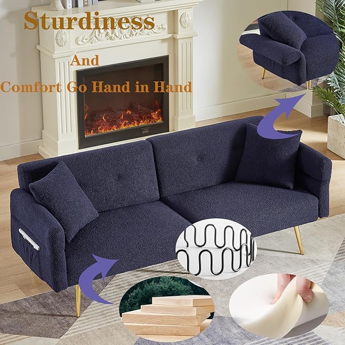 69.5 Convertible Futon Sofa Bed with Adjustable Backrest and Armrests Teddy Upholstered Loveseat Sleeper Couch with 2 Pillows and Metal Legs Love Seat for Guest Room Living Room (Dark Blue)