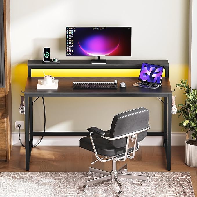 47.2 Computer Desk with Charging Station and LED Lights Gaming Desk with Monitor Stand 2-Tier Home Office Desk with 4 Side Hooks for Living Room Home Office Black DN12UDBB