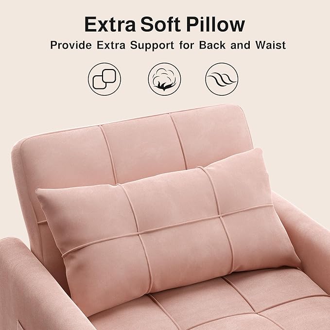 Ahomly Convertible Sleeper Chair Sofa Bed with 3-in-1 Design Adjustable Backrest and Storage Pocket for Living Room Pink