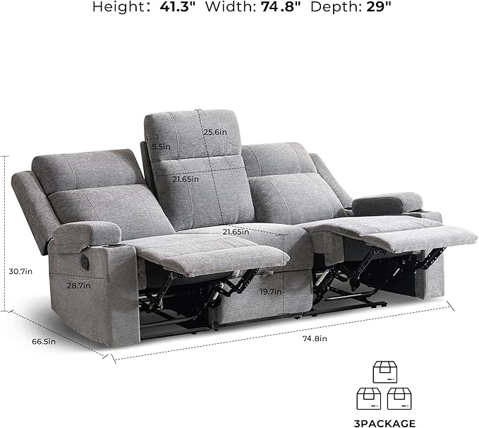 Large Manual Reclining Sofa – 3-Seater Chenille Reclining Couch with Cup Holders Wide Seat Easy Assembly &amp Spill-Resistant Fabric – Cozy Reclining Sofa for Living Room Apartment RV