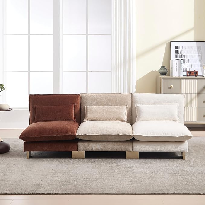 Small Modular Sofa Armless Loveseat Modern 2-Seats Mini Sofa Couch with Pillows Convertible Love Seat with Gold Legs for Small Spaces Living Room Oatmeal Chenille