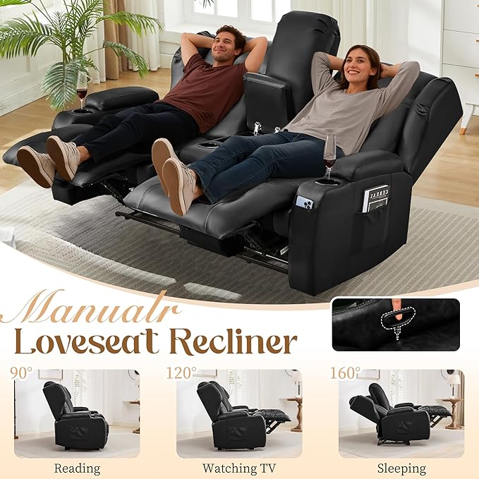 BINGTOO Manual Double Reclining Loveseat Sofa 2-Seater RV Wall Hugger Leather Couch for Living Room &amp Home Theater with Storage Console/Cup Holders/Side Pockets PU Black