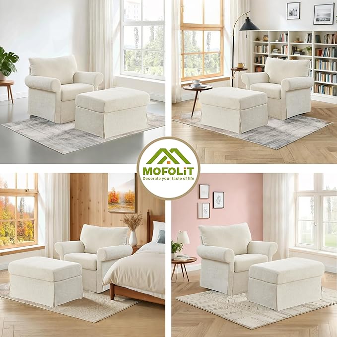 Living Room Chairs with Ottoman Small Accent Chair for Bedroom Single Sofa Couch with Chenille Fabric for Apartment and Small Places (Beige)